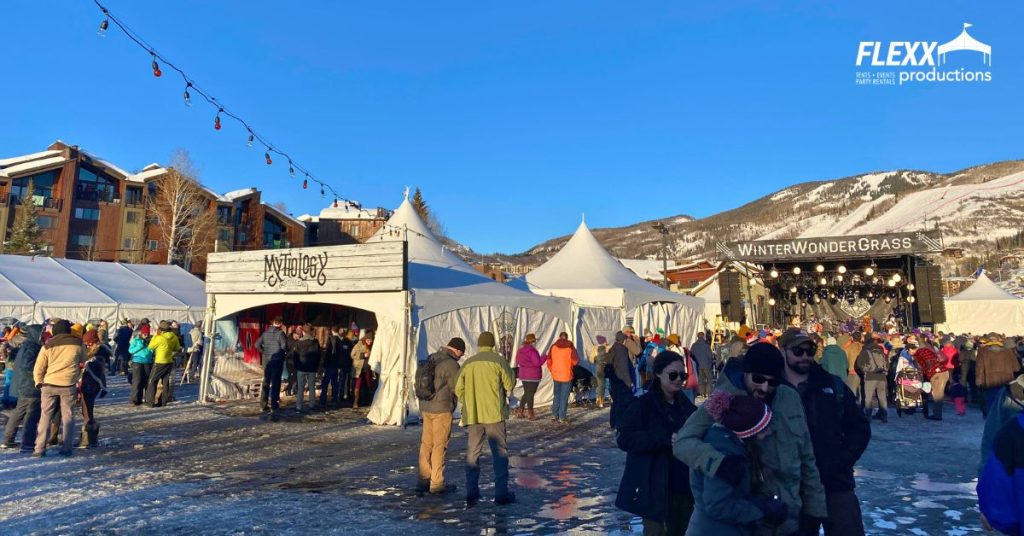 Various event tent rentals set up at the WinterWondergrass Festival in Steamboat Springs, Colorado