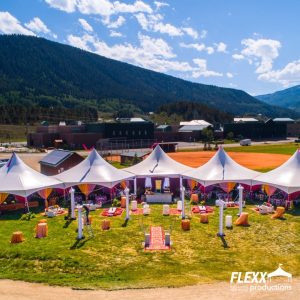 Several 40x35 hex frame tents for a colorful mountainside wedding
