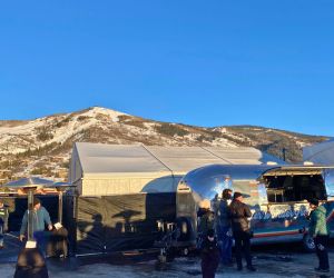 Patio heater rentals set up at an outdoor festival in the mountains