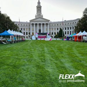 Several pole tents set up on a grassy landscape for a nonprofit event