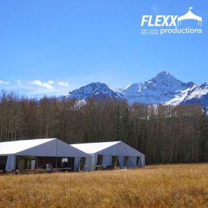 Two large Clearspan tent rentals set up outdoors on a movie set in Telluride
