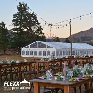 Backyard wedding with a clearspan tent, table and chair rentals, and market string lights