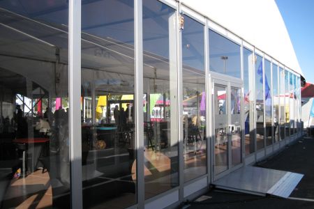 temp-structure-add-ons Glass doors and windows installed on a temporary structure tent
